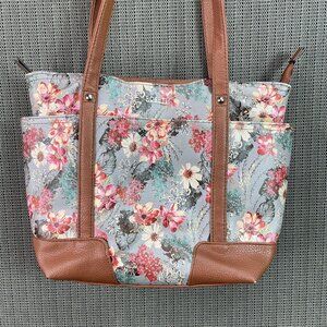 Rosetti Floral Tote Bag With Tan Faux Leather Accents & Multiple Pockets